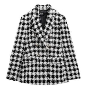 Zara Black & White Checked Tweed Double-Breasted Blazer